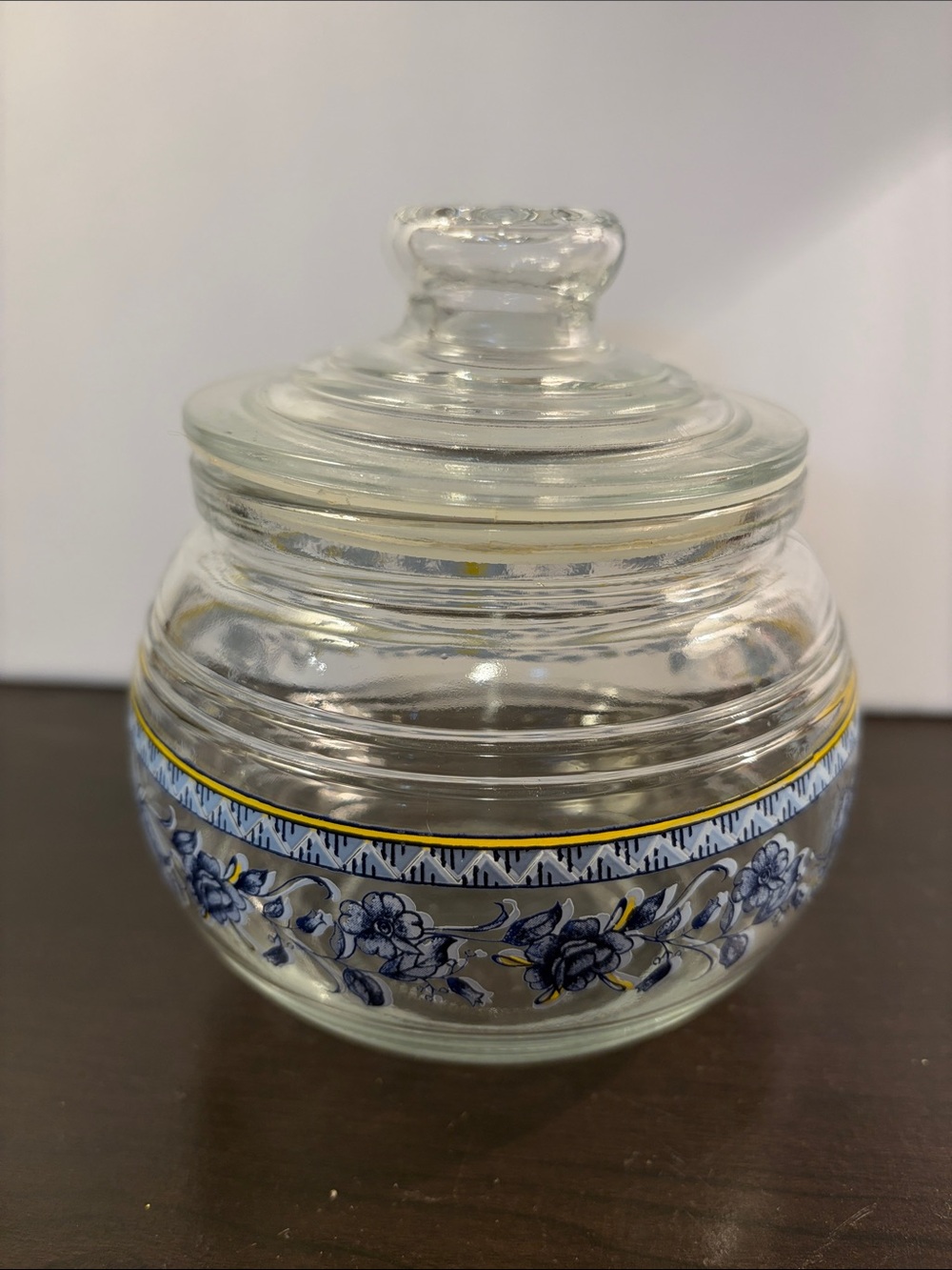 Clear Glass Jar with Blue Floral and Yellow Trim